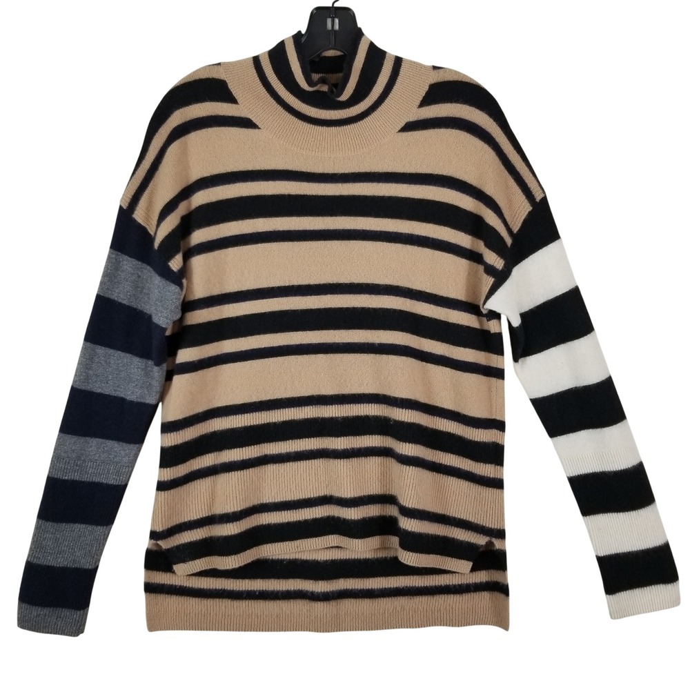 Naadam Womens 100% Cashmere Striped Mock Neck Sweater Camel Black Multi M